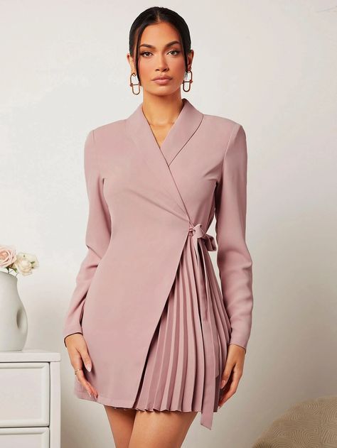 Shawl Blazer, Blazer Dress With Pleats, Fitted Pleated Formal Blazer, Elegant Tailored Pleated Blazer, Elegant Double-breasted Blazer Dress With Pockets, Trendy Single-breasted Blazer Dress With Notch Lapel, Box Pleat Dress, Wrap Over Dress, Maxi Design