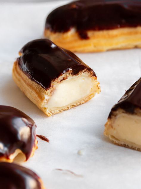 French Eclairs, Ganache Glaze, Choux Dough, Chocolate Ganache Glaze, Eclair Recipe, Saint Honore, Baked Dessert, Cooking In The Kitchen, Summer Menu