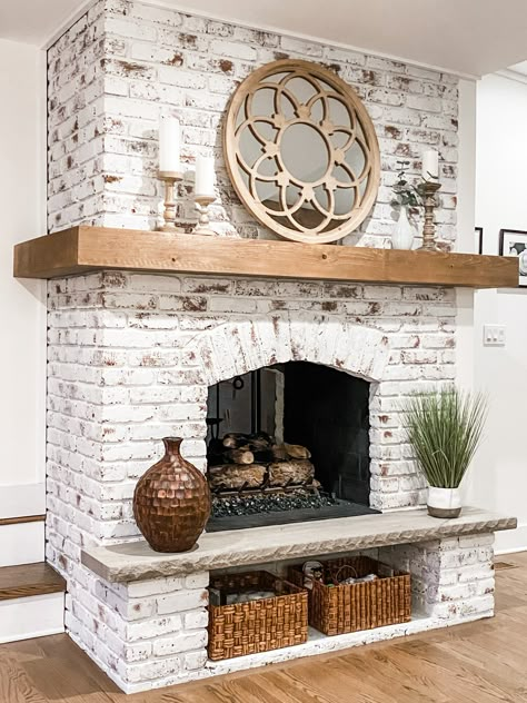 White Wash Fireplace With Wood Mantle, Building A Mantle Over Brick, Whitewashed Brick Fireplace With Mantle, Whitewash Brick Fireplace Diy, White German Smear Fireplace, Whitewash Fireplace Brick, Brick Fireplace Mantle Ideas, Wood Mantel On Brick Fireplace, Brick Fireplace With Mantle