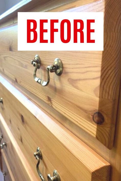 Check out the before and after rustic dresser upcycle idea. Decorate your bedroom on a budget with this easy furniture flip of a thrift store dresser. Dresser Hardware Ideas Drawer Pulls, Diy Refinish Dresser, Refinishing A Dresser Ideas, Refinished Dresser With Wallpaper, Pine Drawers Makeover, Dresser Pull Ideas, Flipping Wooden Dresser, Three Drawer Nightstand Makeover, Dresser Handles Ideas Hardware