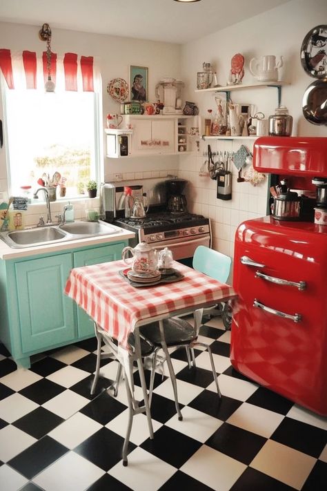 "Bring the beauty of the past into your kitchen with Vintage-Inspired Decor! 🍳🕰️ Perfect for creating a space that feels rich with history and style. 🌟✨ #VintageKitchensInspiration #HomeStyling #RetroCharm" 1950s Inspired Kitchen, Vintage Maximalist Decor Kitchen, 50s Inspired Kitchen, Maximalist Decor Kitchen, Diner Kitchen Decor, 2000s Kitchen, Retro Kitchen Ideas, 1940s Interior Design, 50’s Kitchen