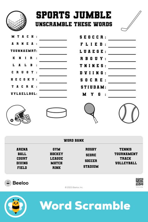 Advanced sports-themed word scramble for kids ages 8 and up Sports Day Activities, Suffixes Worksheets, Sports Activities For Kids, School Age Crafts, Bingo For Kids, 2nd Grade Activities, Enrichment Activities, School Age, Sports Day