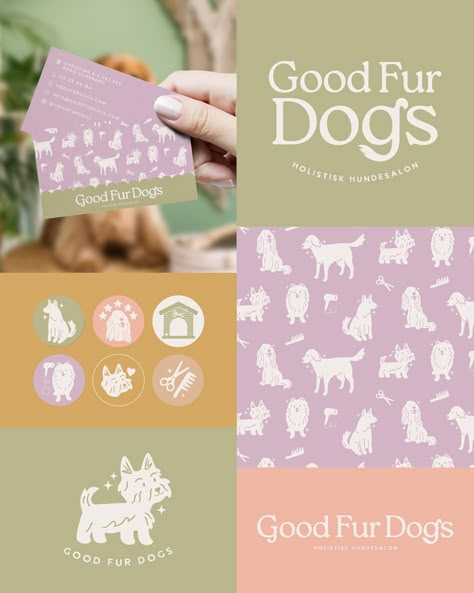 Adorable dog illustrations ☑️ friendly fonts ☑️ pretty colour palette ☑️ Yup, this branding has it all! I adored creating this branding for @goodfurdogs a holistic dog groomers in Copenhagen! 🐶 I am obsessed with the doggy brand pattern and adorable vibes ✨ Let me know what you think of this branding in the comments!! #brandingproject #brandinginspiration #brandingexpert #branding #brandingdesigner #graphicdesign #moodboard #moodboarddesign #brandingidentity #branddesigner #abileedesigns ... Dog Business Cards, Dog Company Branding, Dog Grooming Logo Ideas, Pet Store Branding, Dog Branding Design, Pet Logo Branding, Pet Branding Design, Dog Business Logo, Pet Graphic Design