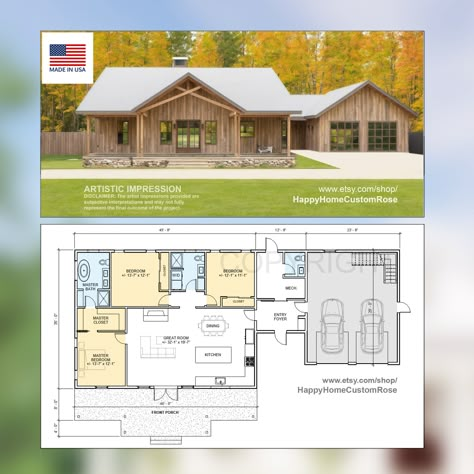 3 Bed 2 Bath Floor Plans Country Farmhouse, Farmhouse Master Bed And Bath, Shop House 3 Bed, Cable Handrail, Modern Ranch House, Terrasse Design, Custom Floor Plans, Barn Style House Plans, Floating Stairs