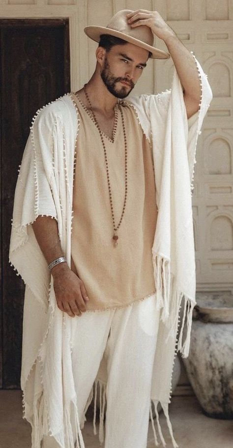 Mens Boho Chic Style, Men’s Bali Outfits, Bohemian Style Clothing Men, Tuluminati Outfit Hombre, Morocco Men Fashion, Cochella Outfits 2023 Men, Tulum Outfits Men, Hippie Outfits Hombre, Bohemian Men Outfit