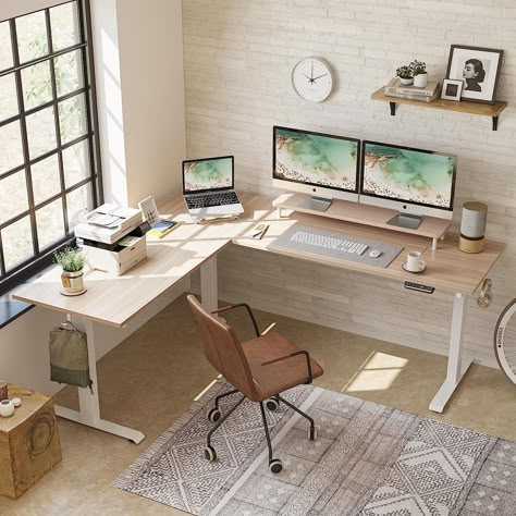 #electricdesk#standingdesk#office#workspace Corner Sit Stand Desk, L Shaped Rising Desk, L Shape Height Adjustable Desk, Corner Desk Multiple Monitors, L Shape Adjustable Desk, L Shaped Work Desk, L Shaped Standing Desk Home Office, L Shaped Sit Stand Desk, Sit Stand Desk Office Layout