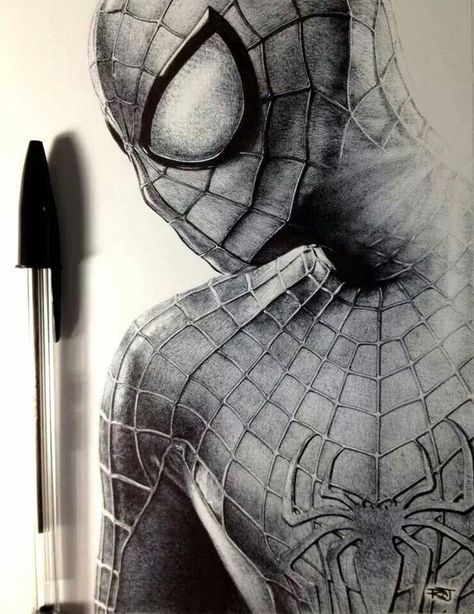 Drawing Ideas Pen, Spiderman Sketches, Marvel Art Drawings, Diy Canvas Art Easy, Ballpoint Pen Art, Drawing Scenery, Spiderman Drawing, Spiderman Art Sketch, Ballpoint Pen Drawing