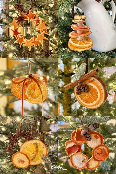 Dried Orange Decorations Diy, Orange Slice Christmas Ornaments, Easy Tree Decorations, Diy Orange Garland Christmas, Orange Slice Ornaments Diy, Dehydrated Fruit Ornaments, Natural Tree Decorations Xmas, Dried Orange Christmas Ornaments, Dried Fruit Decorations Christmas