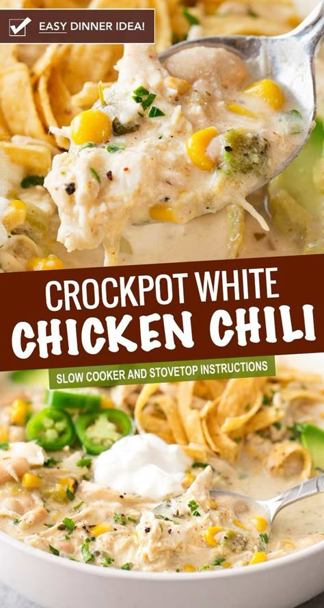 This contest-winning crockpot white chicken chili is made easy in the slow cooker, and has just the right amount of spice to warm up your night! #chickenchili #whitechickenchili #chili #chicken #easyrecipe #dinner #comfortfood #slowcooker #crockpot Crockpot Chicken Chili White, Rotisserie White Chicken Chili Crock Pot, Chicken Crockpot Recipes Spicy, Crockpot Soup Easy Cheap, Hearty Chicken Crockpot Meals, Call Crockpot Meals, Crockpot Meals For Family Of 5, Game Night Crockpot Recipes, Widowmaker Chicken Chili