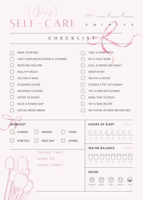 Transform your daily routine with this self-care checklist. Keep track of simple tasks like making your bed, jot down the date, monitor your sleep hours, stay hydrated, log your workout, and reflect on your mood. Self Care Daily Planner, Self Care Checklist For Moms, Self Care Notes Ideas, Clean Day Routine, Self Love Daily Routine, Daily Selfcare Checklist, Self Care Check In, Daily Check In, Self Care Moodboard