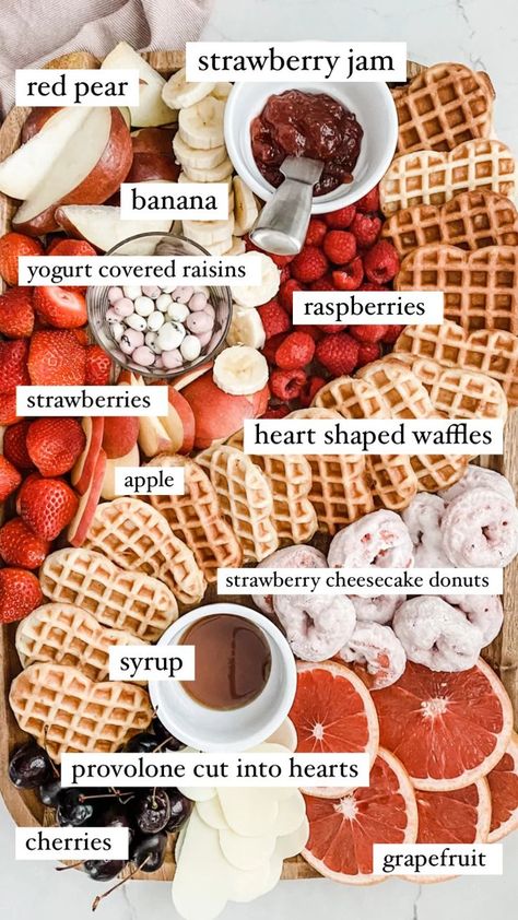 Ingredients for your Valentine's Day Brunch Board Waffle Charcuterie Board, Waffle Brunch, Brunch Boards, Heart Shaped Waffle Maker, Yogurt Covered Raisins, Kids Brunch, Galentines Day Party, Brunch Board, Valentines Brunch