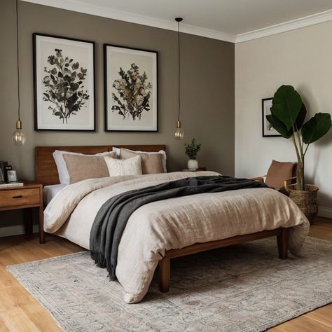 Cozy And Earthy Bedroom, Earthy Tone Room Aesthetic, Gray Earthy Bedroom, Brown Neutrals Bedroom, Cream And Dark Brown Bedroom, Grey Olive Green Bedroom, Dark Earthy Bedroom Minimalist, Couple Bedroom Ideas Minimalist, Gray And Natural Wood Bedroom