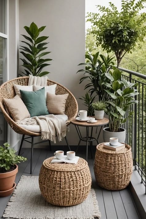 Small Balcony Decor Minimalist, Slim Balcony Ideas, Small Outdoor Terrace, How To Decorate Your Balcony, Boho Small Patio, Cozy Apartment Patio, Cheap Balcony Ideas On A Budget, Patio Garden Ideas Apartment, Cozy Patio Ideas Small Spaces