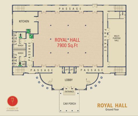 Camelot Convention Centre Royal Hall offer king size banquet hall with carefully woven frills of luxury which can accommodate 1000 guests. Marriage Hall Plan Layout, Event Venue Design, Wedding Banquet Hall, Wedding Reception Layout, Reception Layout, Hotel Floor Plan, Multipurpose Hall, Hall Flooring, Function Hall