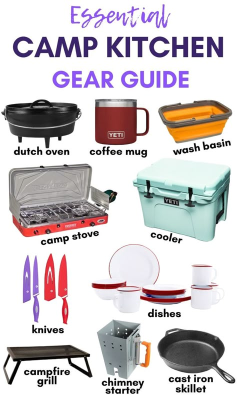 Wondering what camp cooking gear you should bring camping, and what can be left at home? We've got you covered with this camping gear list that will show you all the kitchen equipment you need to make tasty meals outdoors. Camp Cooking Gear, Camping Cooking Gear, Astuces Camping-car, Camping Gear List, Tenda Camping, Zelt Camping, Camping 101, Camping Cooking, Kitchen Gear