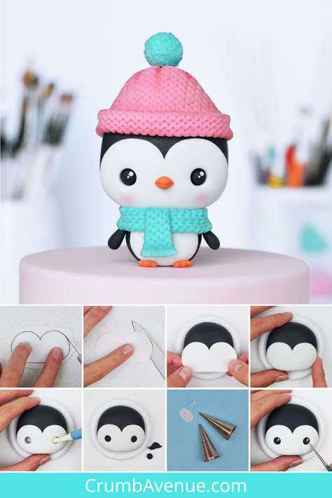 How to make a cute fondant penguin cake topper - step by step tutorial with templates by Crumb Avenue, kawaii gum paste figurine, winter fondant animals, sugarpaste, modelling paste, cake decorating, cute birthday cakes for kids, winter cake idea, fondant birthday cake for girl and boy, girls and boys kids crafts, beanie, scarf, Christmas cake ideas and inspiration, Christmas craft ideas, fun projects for kids, family fun craft Cute Birthday Cakes For Kids, Fondant Penguin, Birthday Cake For Girl, Sweater Cake, Penguin Cake Toppers, Winter Torte, Christmas Cake Decoration, Kawaii Winter, Penguin Cake