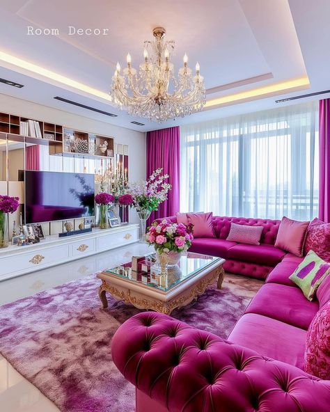 PINK 💕💫 Room Decor 🙂‍↔️ #explorepage✨ Hot Pink Living Room, Modern Elegant Living Room, Unique Ceiling Design, Hot Pink Room, Beautiful Dorm Room, Feminine Living Room, Modern Glam Living Room, Vampire Romance, Apartment Decorating Living