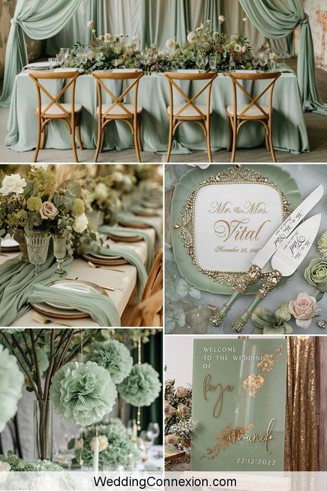 When it comes to choosing a color scheme for your wedding decor, one timeless and elegant choice that is making a big statement in the wedding world right now is sage green. This sophisticated hue evokes a sense of nature, freshness, and harmony, making it a perfect fit for a romantic and enchanting wedding decor. Get ready to fall in love and discover why sage green is the perfect choice for your wedding at WeddingConnexion.com. Sage Wedding Colors Colour Palettes, Seafoam Green Wedding Decorations, Sage Green And Silver Wedding Theme, Sage Indian Wedding, Sage Decorations Wedding, Sage Green Venue Wedding, Sage Green Elegant Wedding, Mint Green And Lilac Wedding, Sage Green Event Decor