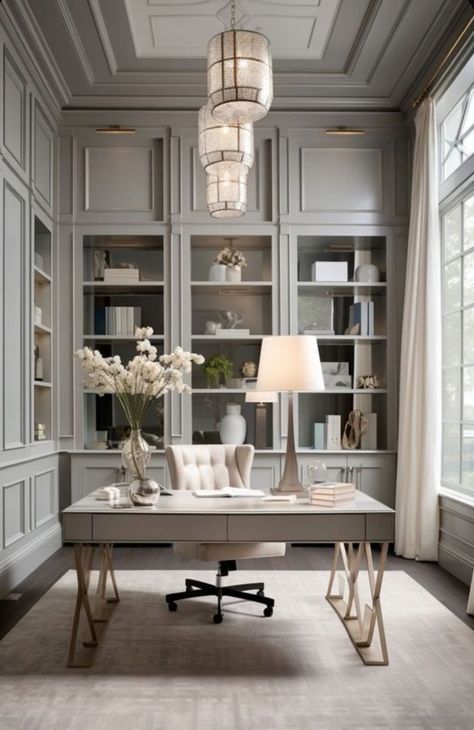 Office English Style, French Modern Office, Neoclassical Office, French Office Decor, Home Office Ikea, Cosy Home Office, Lawyer Office Design, Home Library Study, Beautiful Home Library