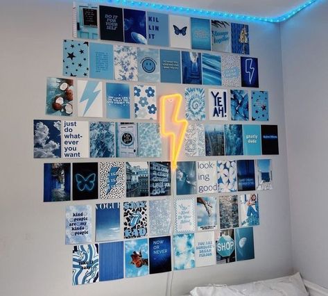 Blue Room Themes, Blue Wall Decor Bedroom, Blue Wall Collage, Wall Photo Collage, Blue Dorm, Blue Room Decor, Light Blue Walls, Dorm Wall Decor, Blue Wall Decor