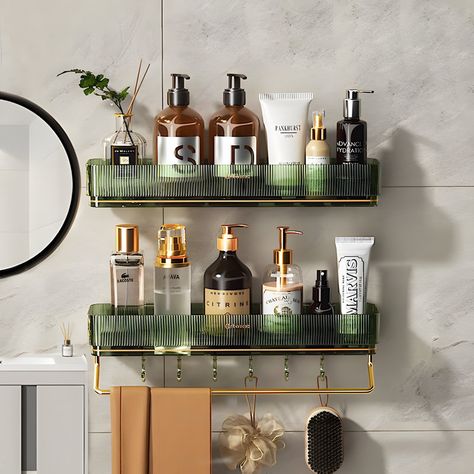 Rebrilliant Makensey Adhesive Shower Shelf - Wayfair Canada Bathroom Stick On Shelves, Waterproof Bathroom Shelves, Green Bathroom Shelves, Vintage Bathroom Organization, Walk In Shower Organization Ideas, Aesthetic Shower Organization, Shower Products Organization, Green Bathroom Accents, Bathroom Wall Organization