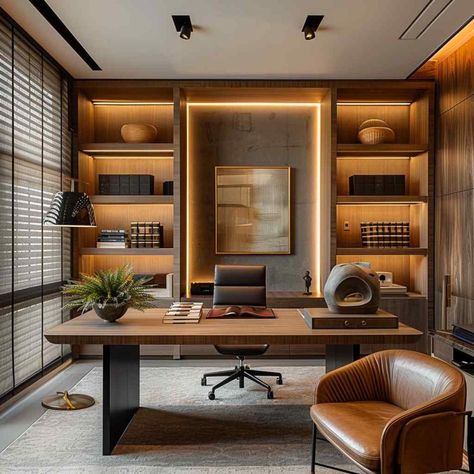 38 Home Office Spaces Exploring the Bold Blend of Japandi and Brazilian Modernismo (Concept Interiors) Gensler Office Design Interiors, Bali Inspired Office, Office Shelves Behind Desk, Mens Office Interior Design, Directors Office Design, Office House Ideas, Office Paint Design Ideas, Men’s Home Office Design, Cool Office Interiors