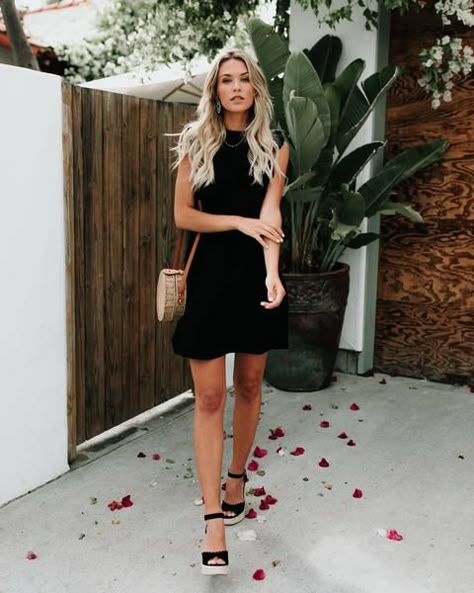 Dress Wedges Outfit, Wedges And Dress Outfit, Dresses With Wedges Outfit, Black Wedge Heels Outfit, Summer Outfits With Wedges, Black Wedge Sandals Outfit, Dress With Wedges Outfit, Black Ruffle Dress Outfit, Birthday Dinner Outfit Summer