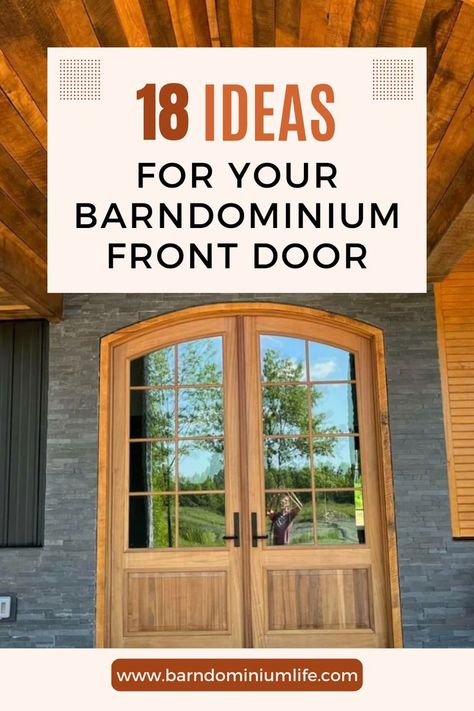 Elevate the entrance of your Barndominium with these stunning front door ideas! Discover the perfect blend of style and functionality as we showcase a curated collection of door designs that will make a lasting impression. From charming farmhouse-inspired doors to sleek and modern options, find inspiration to enhance the curb appeal of your unique Barndominium. Explore the endless possibilities and create a warm and inviting entryway that reflects your personal style. Barndominium Front Door, Rustic French Doors, Unique Barndominium, Tiny Home Build, Front Door Options, Rustic Exterior Doors, Barndominium House Plans, Exterior Barn Doors, Unique Front Doors