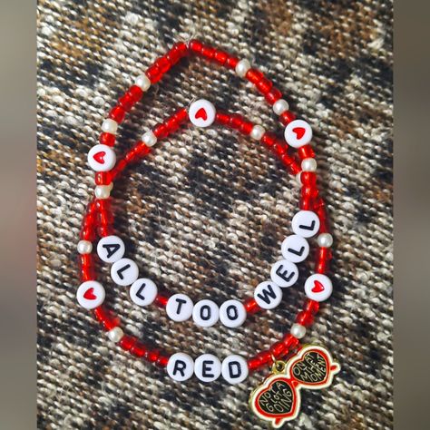 Handmade Taylor Swift Bracelets All Too Well And Red About 7.5 Inches With Durable 1mm Crystal String Trade, Gift, Or Keep For Yourself! Perfect For Any Swiftie! Message Me If You Would Like A Certain Color Or Wording! :) From A Smoke-Free Home Not Official Taylor Swift Merchandise Taylor Swift All Too Well Bracelet, All Too Well Friendship Bracelet, Red Bracelet Taylor Swift, Swiftie Bracelet, Swiftie Bracelets, Taylor Bracelets, Taylor Swift Bracelets, Taylor Swift Jewelry, Swift Bracelet