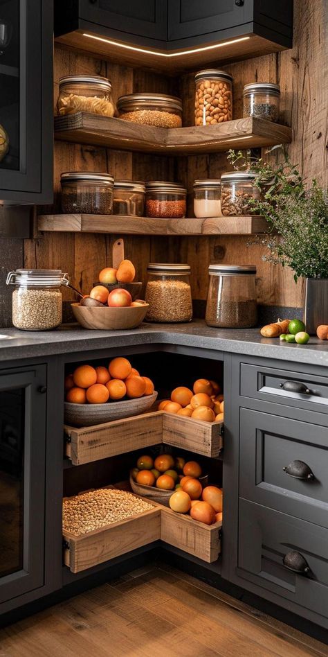 That's why I've put together a list of the 60 best kitchen counter organization ideas that will transform your space and make cooking a breeze. Counter Storage Ideas, How To Decorate Kitchen Counters, Desain Pantry Dapur, Corner Counter, Counter Organization Ideas, Secret Organization, Kitchen Counter Organization Ideas, Unfitted Kitchen, Counter Storage