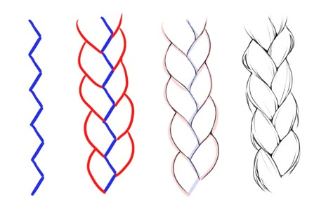 Braids Sketch How To Draw, Braid Sketch Tutorial, Simple Braid Drawing, Cornrow Hairstyles Drawing, Braid Art Tutorial, How To Draw Scarves, How Draw Braids, How To Draw Two Braids, Drawing Of Braided Hair