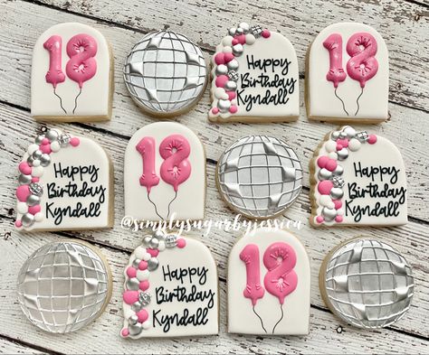 21st Birthday Biscuits, Dancing Queen 17 Cookies, 18th Birthday Cookie Ideas, Disco Cowgirl Cookies Birthday, Pink Disco Cookies, 15 Birthday Cookies, Disco Party Treats, Preppy Birthday Cookies, 18th Cookies