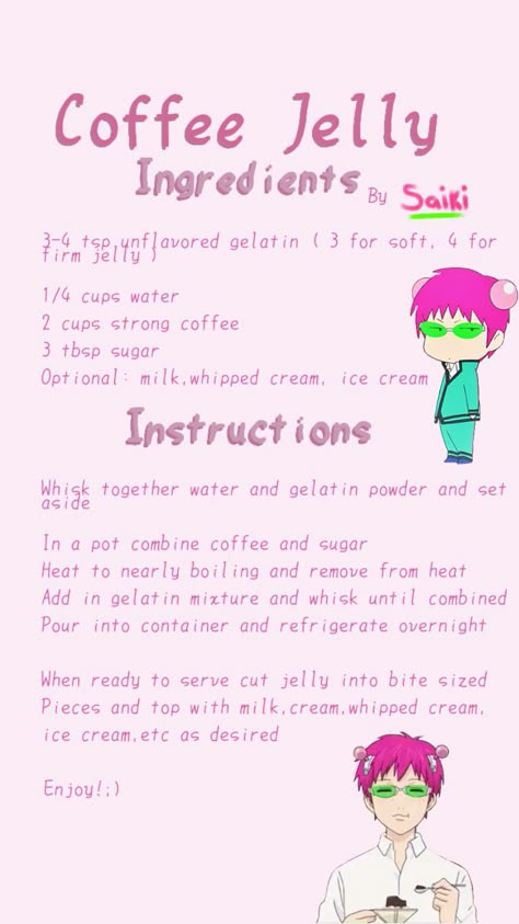 Coffee Jelly Saiki Recipe, Saiki K Coffee Jelly Recipe, How To Make Coffee Jelly, Saiki K Coffee Jelly, Coffee Jelly Recipe, Anime Recipes, Homemade Recipe Books, Coffee Jelly, Homemade Cookbook