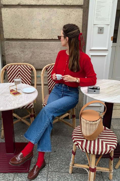 @mariellehaon is wearing Sézane red knit cardigan. The blue denim trousers, basket bag, loafers and red socks are personal pieces. Sezane Lookbook, Red Knit Cardigan, Chique Outfit, Sock Outfits, Red Cardigan, Cardigan Outfits, Winter Mode, Red Outfit, Mode Inspiration