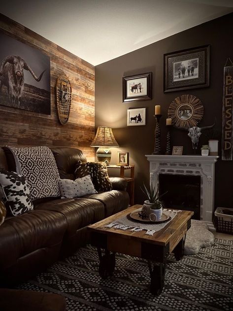 Western House Color Schemes, Rustic House Decor Ideas Living Room, Western Living Room Paint Wall Colors, Dark Western Home Aesthetic, Dark Farmhouse Decor Living Room, Rustic Moody Living Room, Yellowstone Aesthetic Decor, Cozy Western Living Room, Rustic Theme Living Room