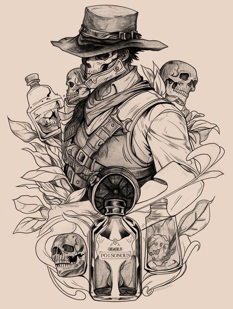 Tattoo of dead cowboy, with skulls around him, flasks of poison etc. Cowboy Skull Tattoo, Cowboy Skull, Tattoo Sketches, Art Stuff, Skull Tattoo, Drawing Sketches, Cowboy, Portfolio, Tattoos