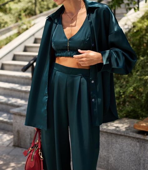 Emerald Green Satin Suit for Women 3 Piece Set Loose Fit Shirt Crop Deep V Neck Top Wide Leg Pants with Pockets Wedding Guest Suit Party Set by ElenaKosminskaya on Etsy Silk Satin Outfit, Wedding Guest Pants, Wedding Guest Suit, Emerald Green Outfit, Wedding Guest Suits, Satin Outfit, Asymmetric Shirt, Top And Wide Leg Pants, Satin Suit