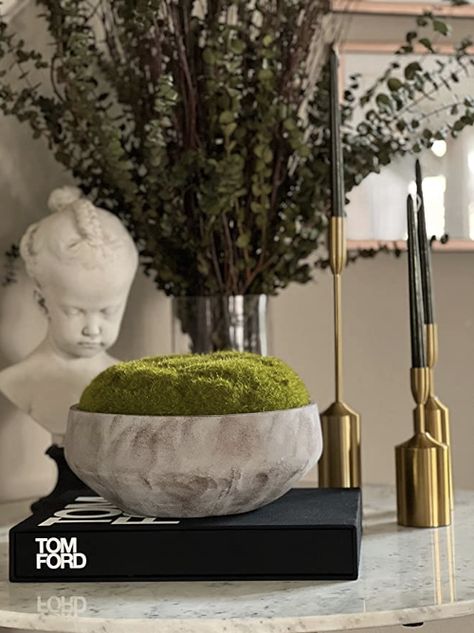 Moss Bowl | Artificial | Hand-Painted Cement Bowl | Centerpiece Restoration Hardware Moss Bowl, Dining Table Everyday Decor, Moss Bowl Decor, Table Bowl Decor, Moss Bowl Centerpiece Diy, Moss Arrangements, Moss Bowl Centerpiece, Moss Bowls, Center Piece For Dining Table