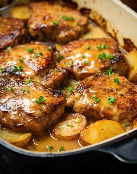 Every time I make this dish, guests ask for the recipe Pork Chops With Scalloped Potatoes, Cooktop Cove, Boneless Pork Chop Recipes, Pork Entrees, Pork Chops And Potatoes, Sweet Potato Recipe, Meat And Potatoes, Easy Pork Chops, Pork Chop Recipes Baked