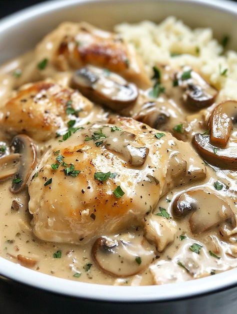 Slow Cooker Creamy Mushroom Chicken Mushroom Chicken Crockpot, Mushroom Chicken Thighs, Summer Slow Cooker, Creamy Crockpot Chicken, Summer Slow Cooker Recipes, Chicken Breast Slow Cooker, Chicken Croquettes, Crock Pot Slow Cooker Recipes, Chicken And Mushrooms