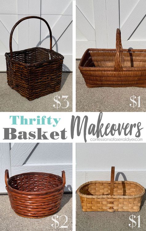 Got a basket or two that could use an update? Four thrifty basket makeovers are on the menu today, and you won't believe what they look like now! Wicker Basket Makeover, Wicker Basket Diy, Basket Makeover, Thrift Store Makeover, Hutch Makeover, Thrift Store Diy, Painted Baskets, Store Basket, Mirror Makeover