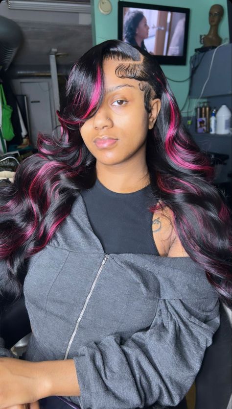 Quick Weave Pink Highlights, Pink And Black Sew In Leave Out, Leave Out With Pink Highlights, Side Part With Pink Highlights, Black Wig With Pink Highlights Side Part, Side Part Quick Weave With Pink Highlights, Side Part Sew In Color, Black And Pink Wigs For Black Women, Black Wig Pink Highlights