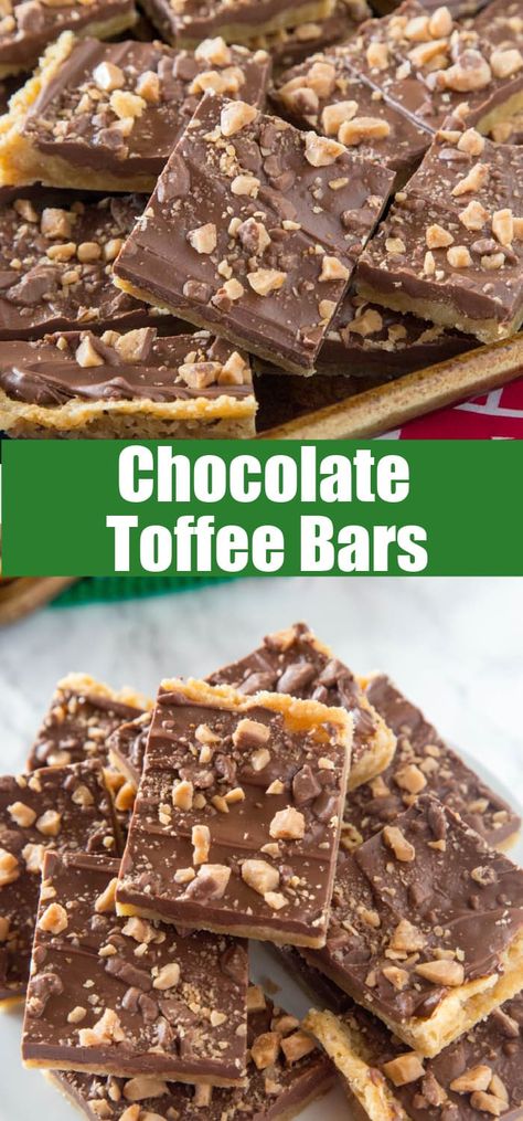 Chocolate Toffee Bars - crispy toffee flavored bars topped with chocolate and lots of bits of toffee. Just 6 ingredients, and so easy to make! Toffee Bits Recipe, Toffee Bars Recipe, Toffee Dessert, Chocolate Toffee Bars, Easy Toffee, Chocolate Bar Recipe, Peppermint Recipes, Toffee Chips, Toffee Candy