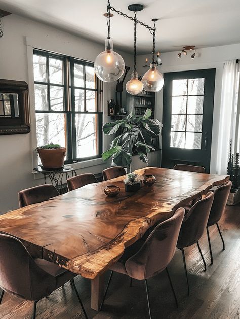 25 Rustic Dining Rooms To Inspire You Wooden Rustic Dining Table, Industrial Chic Dining Table, Live Edge Interior Design, Raw Wooden Table, Wood Rustic Table, Western Dinning Room Table, Wooden Table With Chairs, Modern Rustic Kitchen Table, Rustic Wooden Table Dining