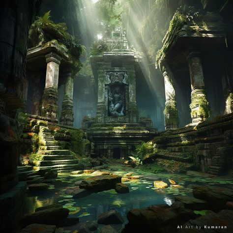 Abandoned Temple Concept Art, Ruined Temple Concept Art, Fantasy Temple Concept Art, Ethereal Temple, Max Hay, Sunken Temple, Fantasy Temple, Underground Temple, Watercolor Hacks