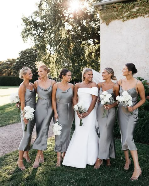 Silver Grey Bridesmaid Dresses, Grey Wedding Theme, Silver Bridesmaid Dresses, Bridal Party Gowns, Silver Bridesmaid, Grey Bridesmaids, Bridesmaid Colors, Spring Wedding Colors, Grey Bridesmaid Dresses