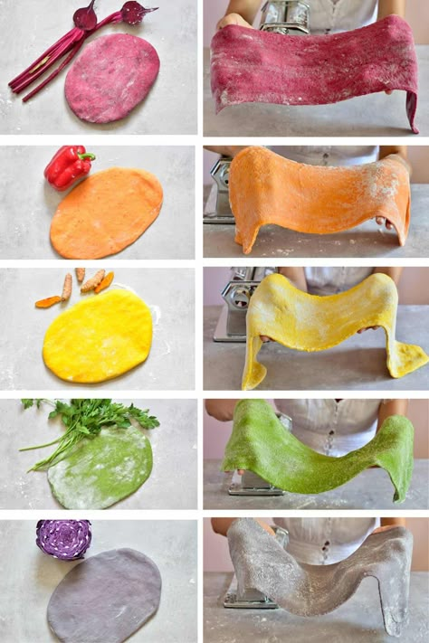 This simple, healthy homemade colored pasta is 100% naturally colored using vegetables, adding a beautiful rainbow to your plate without any food coloring. Color Pasta Recipe, How To Make Colored Pasta, Colored Pasta Dough, How To Color Pasta, How To Make Natural Food Coloring, Homemade Pasta Ideas, Colored Pasta Recipes, Colored Ravioli, Food Trends 2024