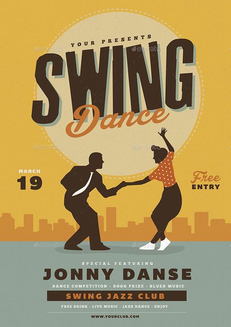 Retro Swing Dance Party Flyer Preview - GraphicRiver Dance Event Poster, Dance Poster Design, Dance Themes, Musical Theme, Jazz Poster, Jitterbug, Dance Event, Swing Dancing, Dance Poster