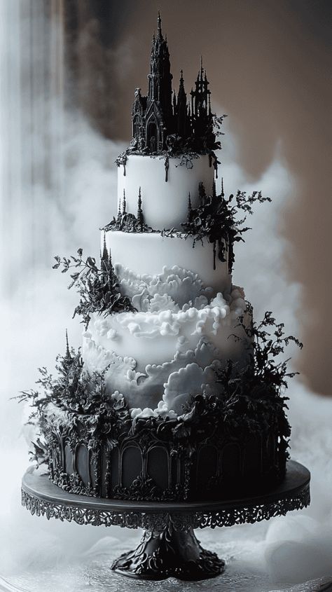 Dark Ascetic, Mafia Pictures, Creative Pie Crust, Gothic Cakes, Queens Birthday Cake, Horror Birthday, Gothic Wedding Cake, Whimsy Wedding, Gothic Cake