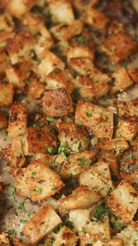 Garlic Parmesan Croutons, Salad With Croutons Recipes, Garlic Bread Croutons, Seasoned Croutons Homemade, Homemade Parmesan Crisps, French Bread Croutons, Homemade Croutons For Stuffing, Garlic Butter Croutons, Parmesan Croutons Homemade